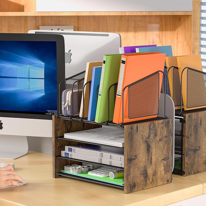 4-Tier Desk Organizer, Desk File Organizer with 5 Vertical File Holders, Office Desktop Organizer with 3 Level Paper Organizer Letter Tray, Wooden Desk Organizers and Accessories for Home Office