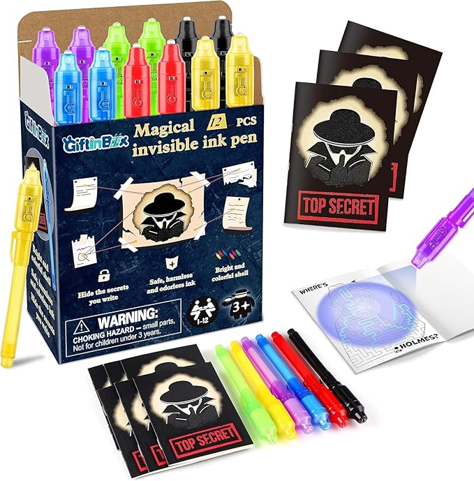 GIFTINBOX Invisible Ink Pens with UV light for Kids, Spy Pen Party Favors for Kids 8-12, 12 Pack Invisible Ink Pen and Notebook, Magic Marker for Secret Message Birthday Party Favors for Kid 4-8