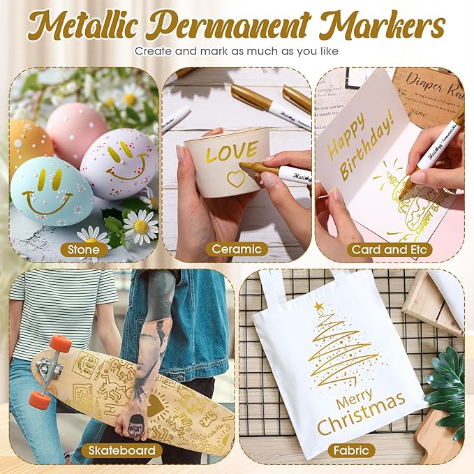 24 Pcs Metallic Permanent Markers Bulk Gold Fine Point Metallic Paint Markers for DIY Crafts, Gift Card Making, Artist Illustration (Gold)