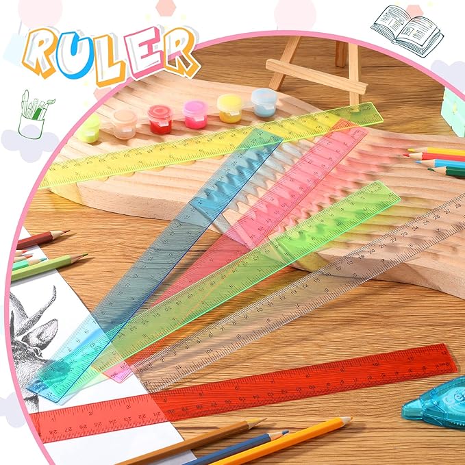 24 Pack Color Transparent Ruler Bulk 12 Inch Clear Plastic Rulers Kids Ruler with Centimeters and Inches Straight Measuring Drafting Tools for Classroom School Students Families Education