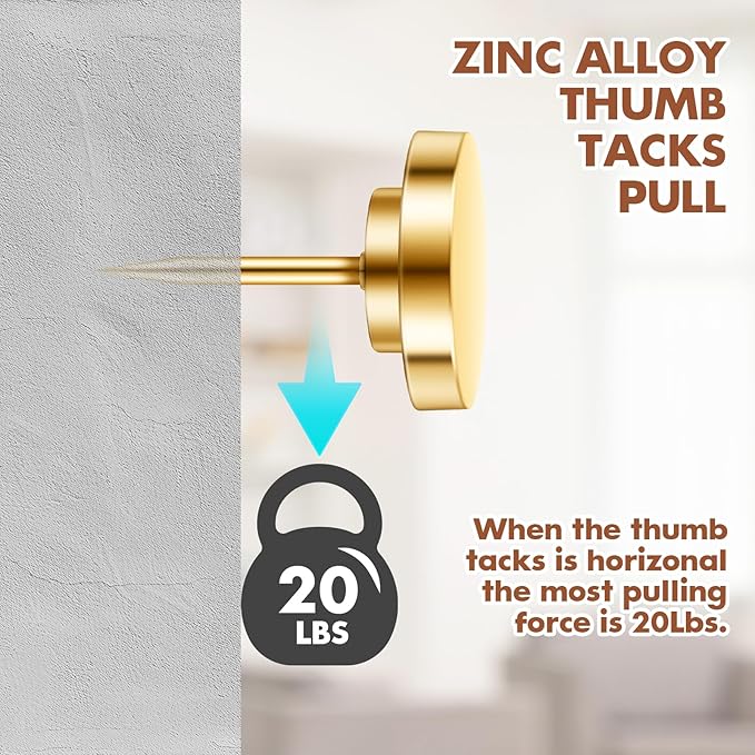 30 Pieces Gold Push Pins, Gold Decorative Thumb Tacks, Metal Push Pins for Wall, Thumbtacks for Wall, Push Pins for Bulletin Board, Picture Hanging Nails, Poster Tack, Wall Tacks for Hanging