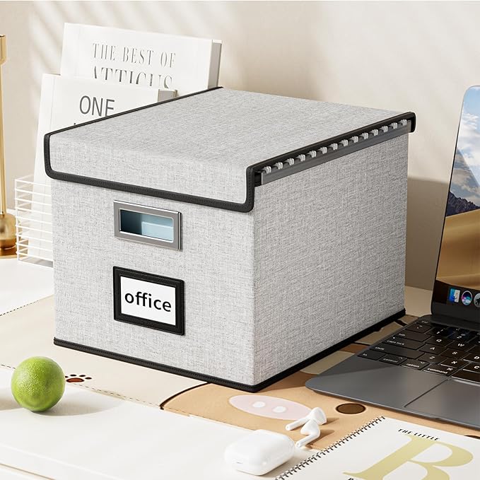 Huolewa Decorative File Storage Organizer Box with Lid, Portable Collapsible Linen Hanging Filing & Storage Boxes for Office/Decor/Home (White) - 14.9 x 12.7 x 10.8 inch - 1Pack