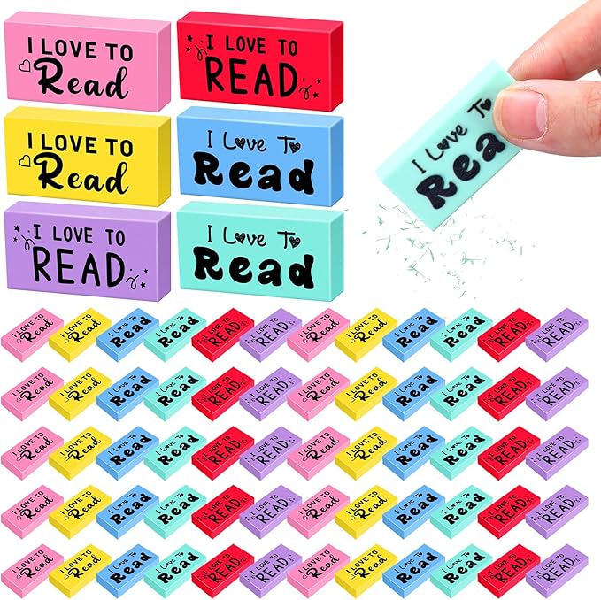 300 Pcs Inspirational Erasers for Kids Back to School Gifts I Love to Read Small Colorful Pencil Erasers for Students Classroom Cute Motivational Gift for Drawing School Office Supplies