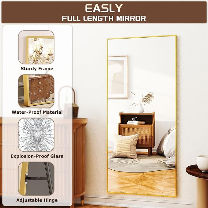 Full-Length Mirror, 24"x68" Floor Mirror with Stand, Wall-Mounted Mirror for Bathroom, Dressing Room - Hanging or Leaning - Full Body Mirrors for Bedroom, Gold