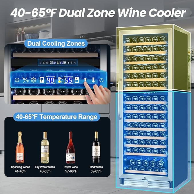 24 Inch Wine Fridge,180 Bottles Dual Zone Wine Cooler Refrigerator, Built-in or Freestanding Wine Refrigerator with Glass Door and Safety Lock, Low Noise, Large Wine Cellar for Home, Office, Kitchen