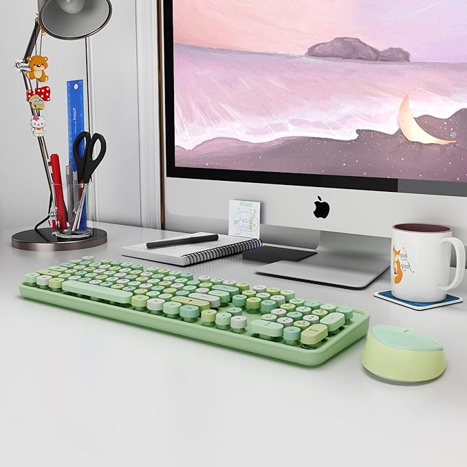 Green Wireless Keyboard and Mouse, KOOTOP Cute Green Colorful Keyboard and Mouse, 2.4G Wireless Keyboard with Retro Round Keycap for PC, Mac, Laptop,Tablet,Computer Windows (Green)