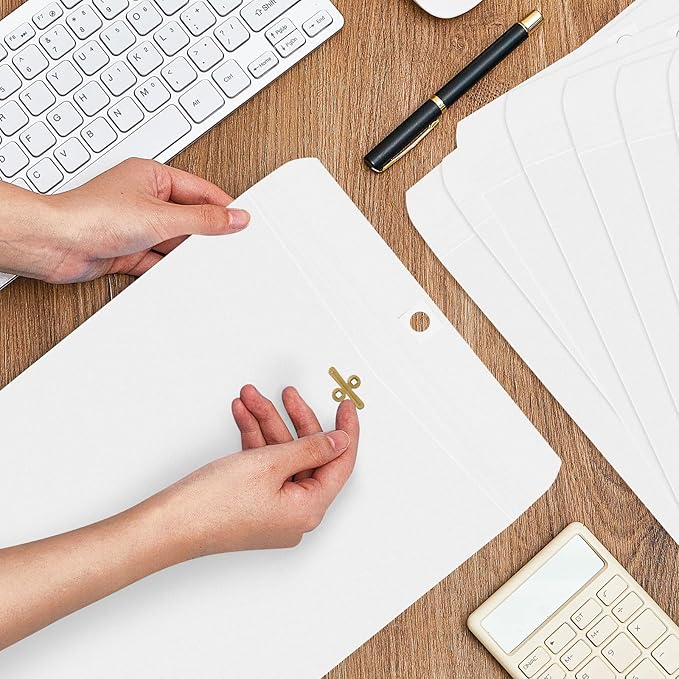 Geyee 100 Pcs Clasp Manilla Envelopes 9 x 12 Inch Gummed Colored Envelopes for Storing or Mailing for Home Office Business Supplies(White)