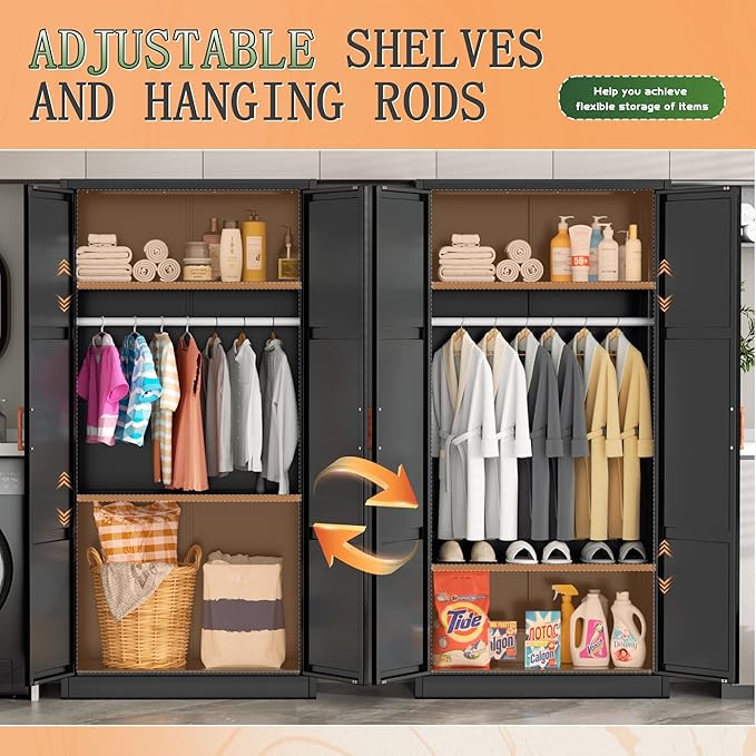 Greenvelly Metal Wardrobe Cabinet with Wooden Handle, 72" Black Metal Wardrobe Closet with Hanging Rods and Adjustable Shelves, Clothing Storage Closet Cabinet for Home, Office, Employee, Gym