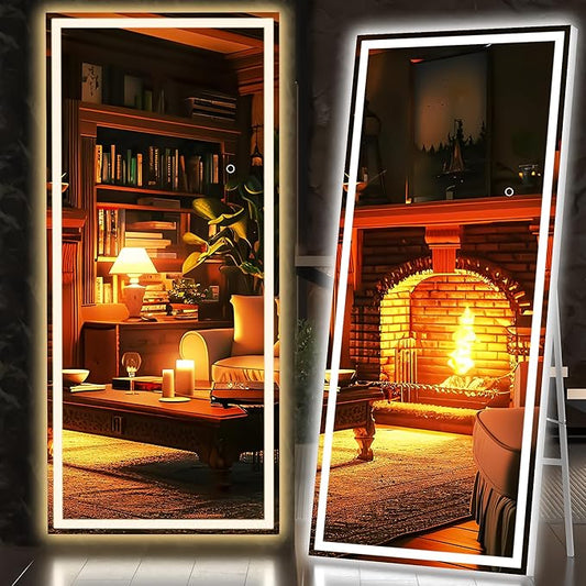 Hasipu Full Length LED Mirror with Lights, 71" x 27.6" Floor Standing or Hanging Mounted, Full Body Dressing Mirror, Dimmable Light, Tempered Glass, Square White