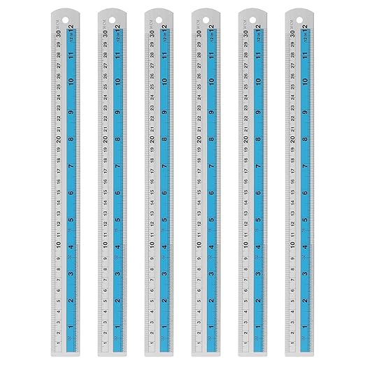 HARFINGTON 6pcs Metal Straight Ruler 30cm Metric SAE Aluminum Alloy Measuring Rulers Scale Tools with Hole for Measure Study Reading Classroom Office, Blue