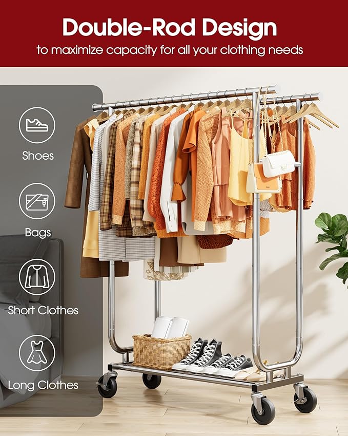 Heavy-Duty Clothes Rack - Double-Rod Stainless Steel Garment Rack with 4-inch Lockable Wheels, Clothing Racks for Hanging Clothes in Bedroom, Laundry Room, 43.3"×16.5"×61.0", Silver