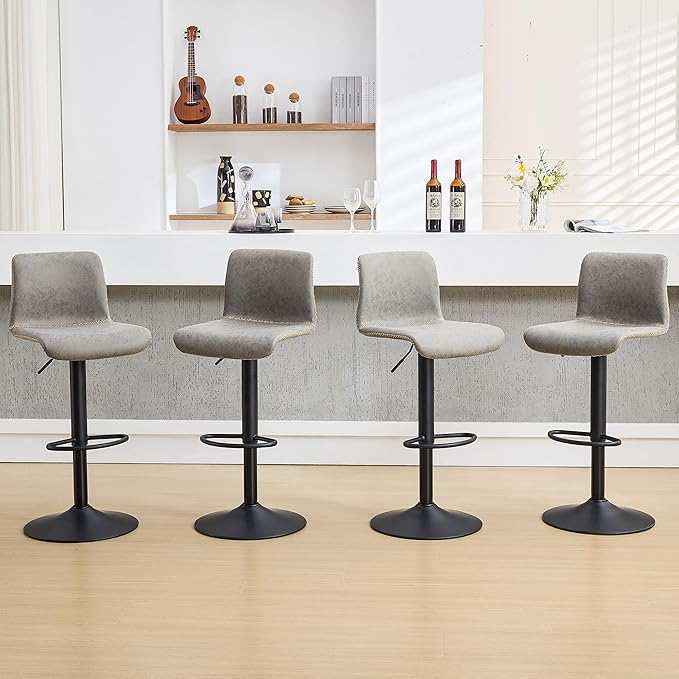 HeuGah Swivel Bar Stools Set of 4, Counter Height Bar Stools with Back, Adjustable Bar Stools 24" to 32", Gray Faux Leather Bar Chairs for Kitchen Island (Gray, Set of 4 (24'' to 32''))