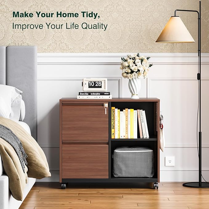 2 Drawer Mobile File Cabinet,Metal File Cabinet with Lock，Lateral Printer Stand Filling Storage Cabinet for Home Office-A4/F4/Letter（Wood