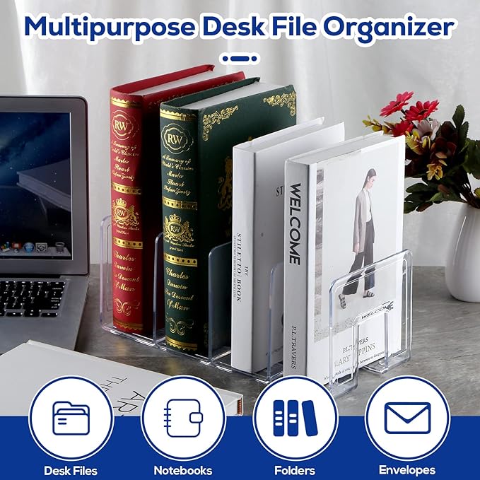 4Pack 4-Section Clear Acrylic Desk File Sorter, Desktop File organizer Purse Handbag divided organizer for Book, Envelopes, Mail, Document, Notebook, Office Supplies (13x5.9x5inch)
