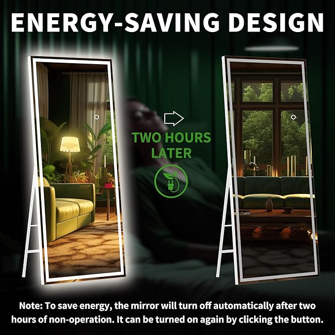 Hasipu Full Length Mirror with Lights, 71" x 24" LED Lighted Floor Standing, Full Body Dressing Hanging Mounted Mirror, Dimmable, Tempered Glass, Safe to Use, Square White