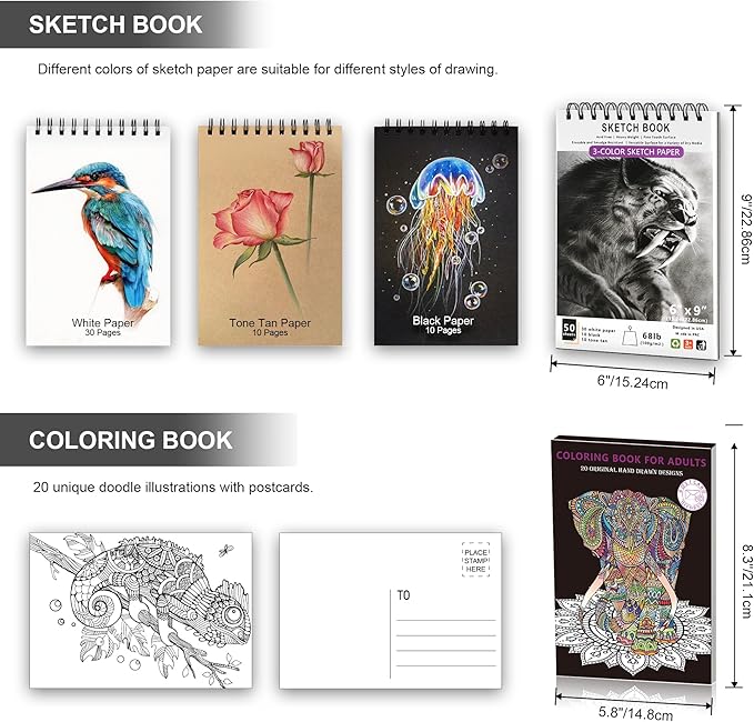 HIFORNY 100 PCS Drawing & Sketching Set, Professional Art Supplies with Graphite,Charcoal, Colored,Watercolor,Metallic Pencils,Blending Tools,Sketchbook and Coloring Book in Zipper Case (Black)