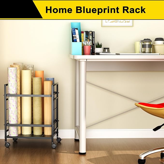 GIOTORENT Blueprint Storage Rack, Blueprint Holder with Wheels, Used for Storing Map/Poster/Blueprint/Architectural Construction Plan, 12 Slots, 2 Brakes, Silent Wheel for Home, Office, School(Black)