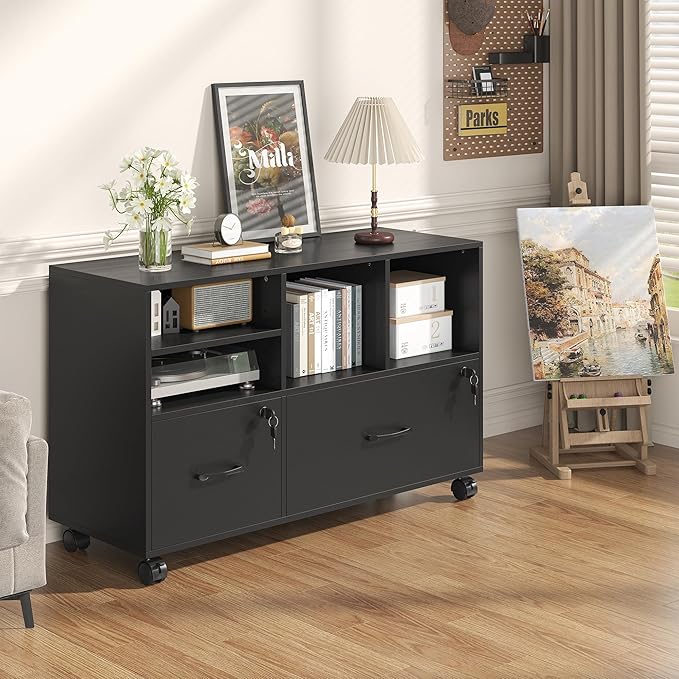 2 Drawer Wood Mobile Large Lateral File Cabinet with Lock, Lockable Rolling Filing Cabinet with Storage Shelves, Printer Stand Office Storage for Home Office Fits Files Legal/A4,Black