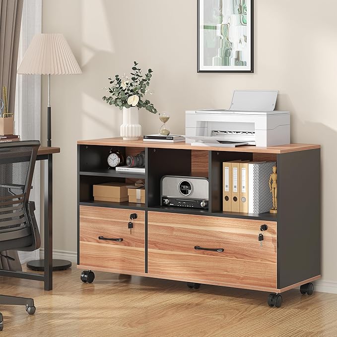 2 Drawer Wood Mobile Large Lateral File Cabinet with Lock, Lockable Rolling Filing Cabinet with Storage Shelves, Printer Stand Office Storage Cabinet for Home Office Fits Files Legal/A4