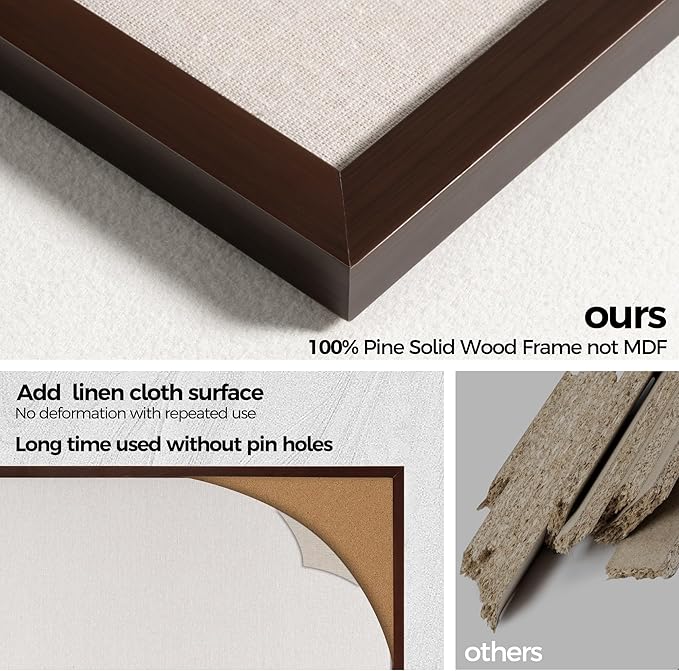 Fun Memories Cork Board Bulletin Board for Office, 24" x 36" Pine Wooden Framed Corkboard, Wall Mounted Notice Pin Board for School Home & Office, Dark Walnut