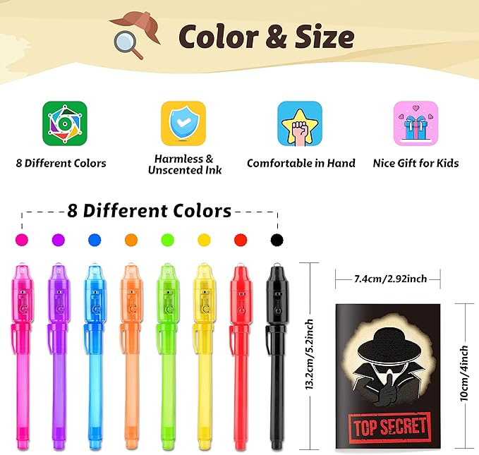 GIFTINBOX Invisible Ink Pens with UV light for Kids, Spy Pen Party Favors for Kids 8-12, 24Pack Invisible Ink Pen and Notebook, Magic Marker for Secret Message Birthday Party Favors for Kid 4-8