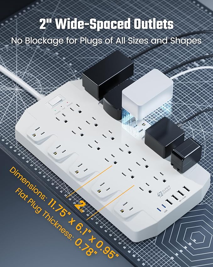 45W Power Strip Surge Protector with PD USB-C, SUPERDANNY 1875W/15A, 2100J, 6.5ft Flat Plug Mountable Extension Cord with 22 Outlet+6 USB Port, Fast Charging for Home,Office,Dorm,Gaming,PC,Streaming