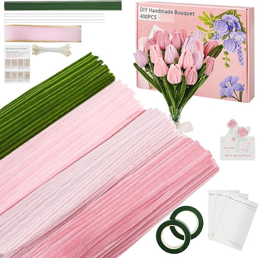 400 Pcs Craft Pipe Cleaners Flowers,4 Colors Chenille Stems Bulk with Floral Wires,Tape,Greeting Card,Bouquet Paper,Hot Glue Stick,Stamen & Ribbon, Holiday Gifts for Women,Men,Teens,Elder