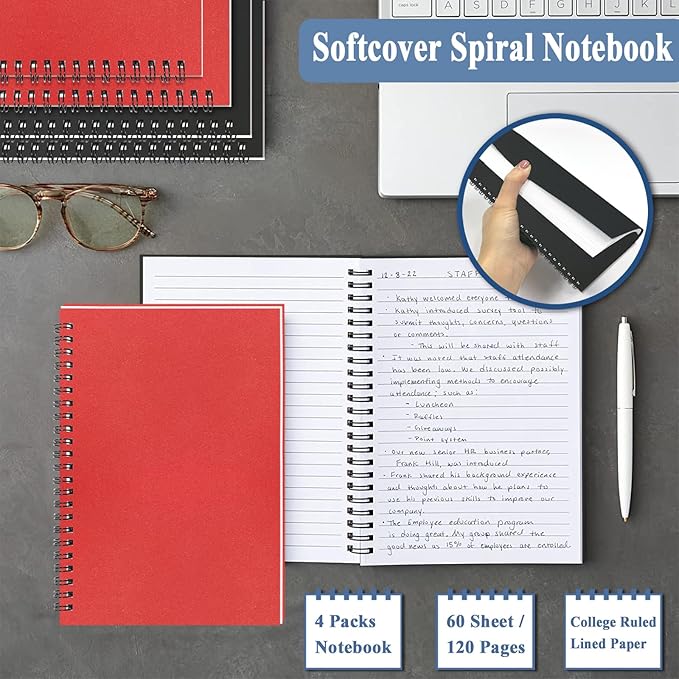 4Pack Small Spiral Notebook A5, 8.25x5.5” 120 Lined Pages Black & Red Wide Ruled Spiral Journal Bulk Blank Kraft Cover Spiral Bound Notebook & Writing Pads for Home Office Meeting Work Note Taking