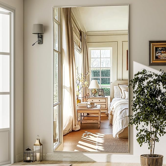 GLSLAND 76"x34" Full Length Mirror Extra Large Hanging or Leaning Rectangle Mirror Aluminum Alloy Thin Frame Bedroom Floor Dressing,Silver