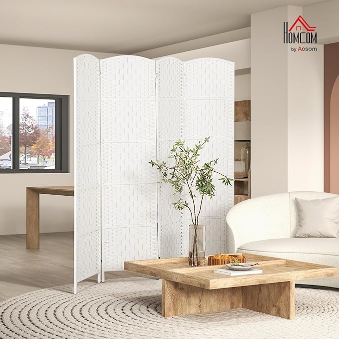 HOMCOM Room Divider, 4 Panel Folding Privacy Screen, 6FT Tall Portable Wicker Weave Partition Wall Divider for Bedroom, Home Office, White