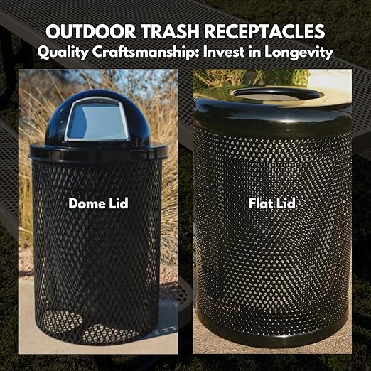 32-Gallon Heavy-Duty Expanded Metal Round Trash Receptacle, Commercial Outdoor Waste Bin with Liner & Black Flat Top Lid – Made in America (Textured Copper)