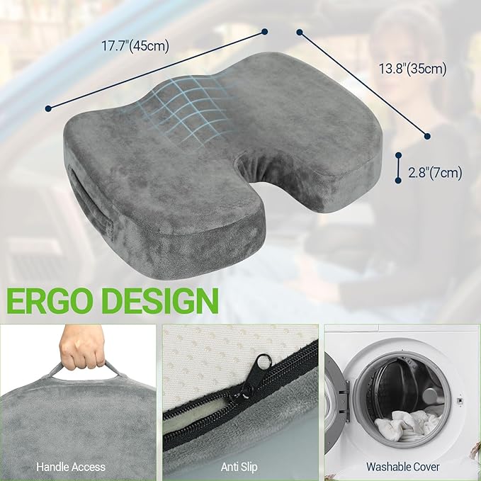 Gel Seat Cushion – Office Chair Cushion – Non-Slip Gel Memory Foam Coccyx Cushion for Tailbone Pain - Desk Chair Car Seat Cushion Driving - Sciatica Back Pain Relief, Velvet, Grey