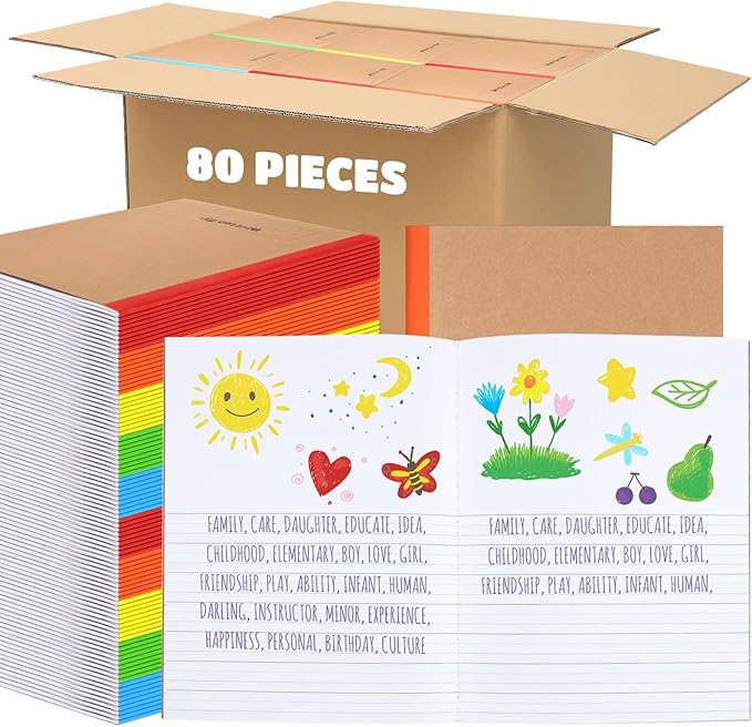 Henoyso 80 Pcs Primary Composition Notebook for Kids 9.75 x 7.5 Inch K-2 Primary Writing Journal with Rainbow Spine 60 Pages Draw and White Journal for Student Back to School Supplies