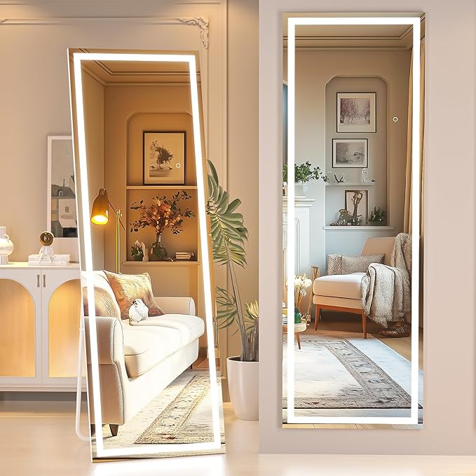 Hasipu Full Length Mirror with Lights, 56" x 15.8" LED Floor Mirror, Full Body Dressing Standing, Hanging Mounted Mirror for Living Room Bedroom Cloakroom, Square White