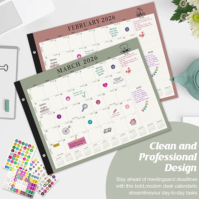 Gannyfer Desk Calendar 2025-2026, Large 18 Monthly Calendar 2025 22" x 17", July 2025 - Dec 2026, Academic Desktop Pad Calendar with To-Do List and Notes, Plastic Cover, Thick Paper, for Planning and Organizing(6 Stickers)