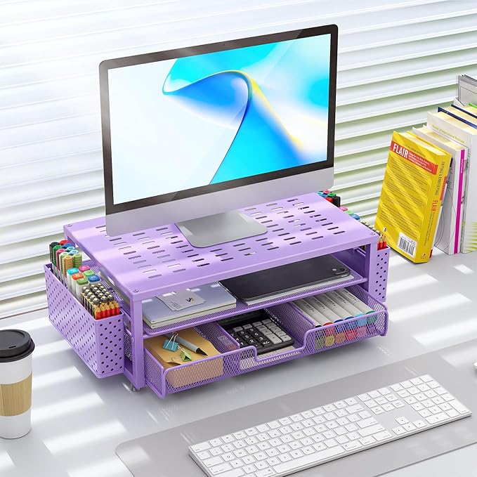 gianotter Desk Organizers and Accessories, Monitor Stand with Drawer and 2 Pen Holder, Purple Desk Accessories, Computer Stand Suitable for Offices and Dormitories (Purple)