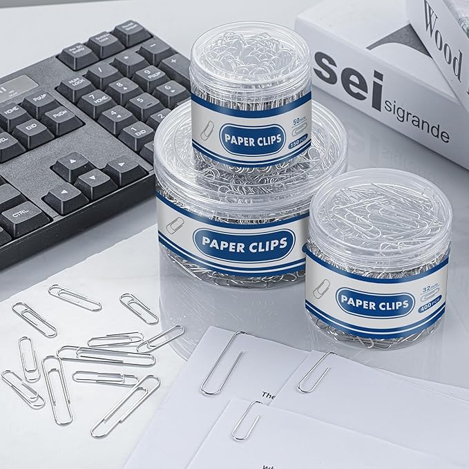 1800 Paper Clips Assorted Sizes Large, Medium and Small, Durable and Rustproof, Paperclips for Office School and Personal Use, Office Supplies Document Organizing (50mm, 33mm, 28mm) (Silver)