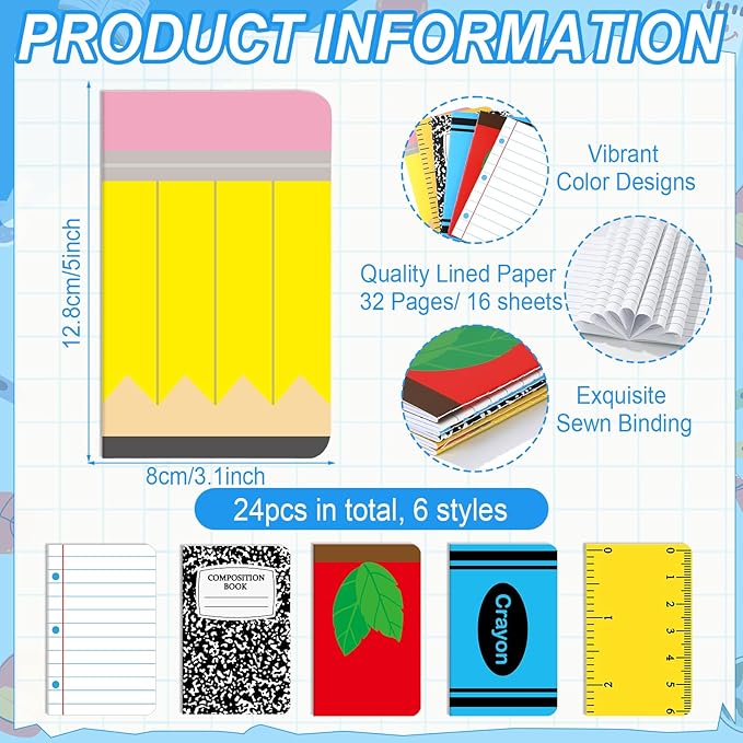 24 Pack Back to School Party Favor Mini Composition Books Small Pocket Size Crayon Pencil Apple Teacher Appreciation Notebooks for Students First Day of School Gift Favors Classroom Prize 5x3 Inch
