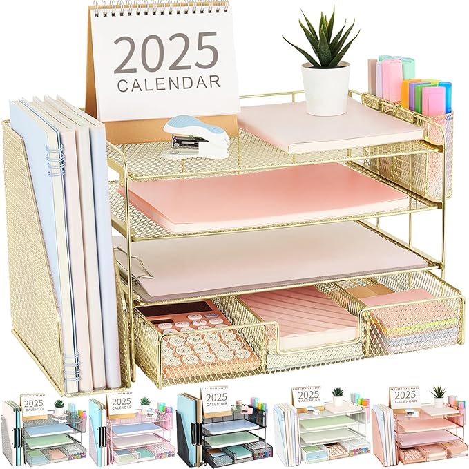 gianotter Desk Organizers and Accessories with File Holder, 4-Tier Desk Accessories & Workspace Organizers with Drawer and 2 Pen Holder, Paper Organizer for Office Supplies(Gold)