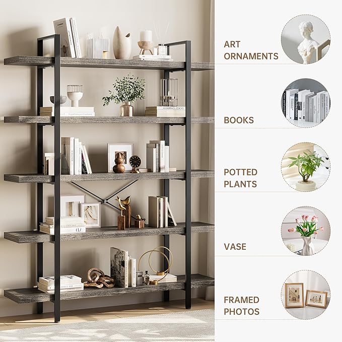 Heavy Duty 5-Tier Industrial Bookcase, 47" Wide Wood Bookshelf for Home Office, 120lbs Shelf Capacity, Rustic Shelving Display with Reinforced Horizontal Shelf for Living Room Bedroom,Grey
