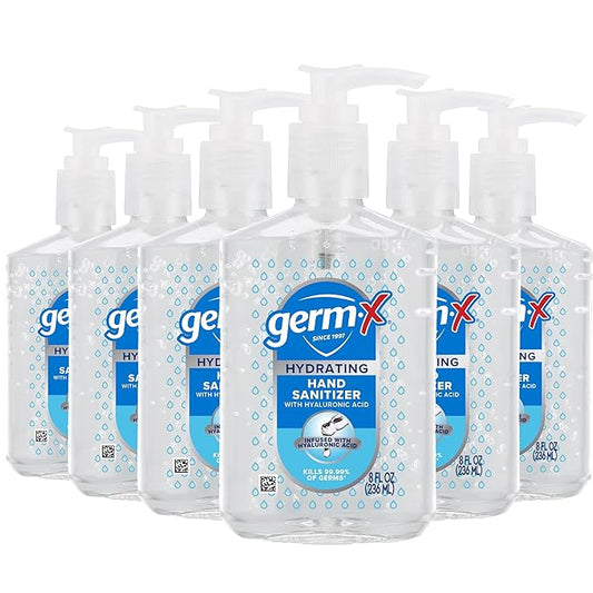 Germ-X Hand Sanitizer, Hydrating with Hyaluronic Acid, 8 Fl Oz Pump (Pack of 6) Instant & No Rinse Formula for All Skin Types, Back to School Supplies, Formulated without Parabens, Phthalates & Dyes