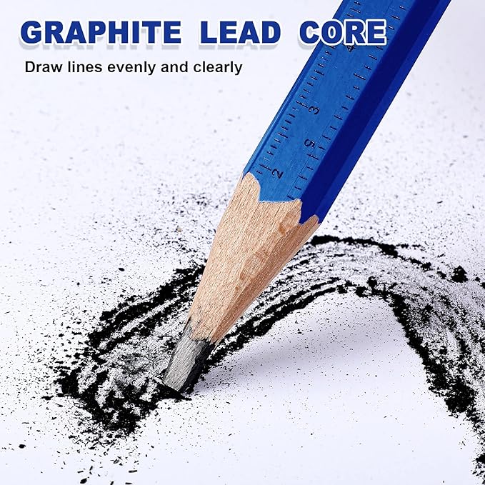 Honoson 200 Pcs Flat Construction Pencils with Printed Ruler Wood Graphite 2 Pcs Carpenter Pencil Sharpener for Woodworking Marking Tool(Blue)