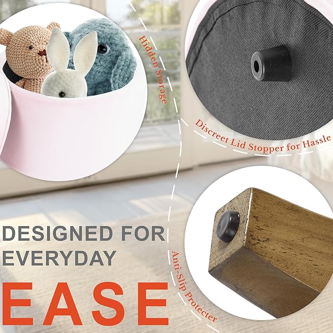 HomePop by Kinfine Fabric Upholstered Round Storage Ottoman - Velvet Button Tufted Ottoman with Removable Lid, Pink, Small