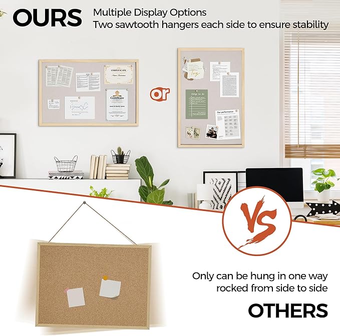 Fun Memories Cork Board Bulletin Board for Office, 20" x 30" Pine Wooden Framed Corkboard, Wall Mounted Notice Pin Board for School Home & Office, Natural Wood