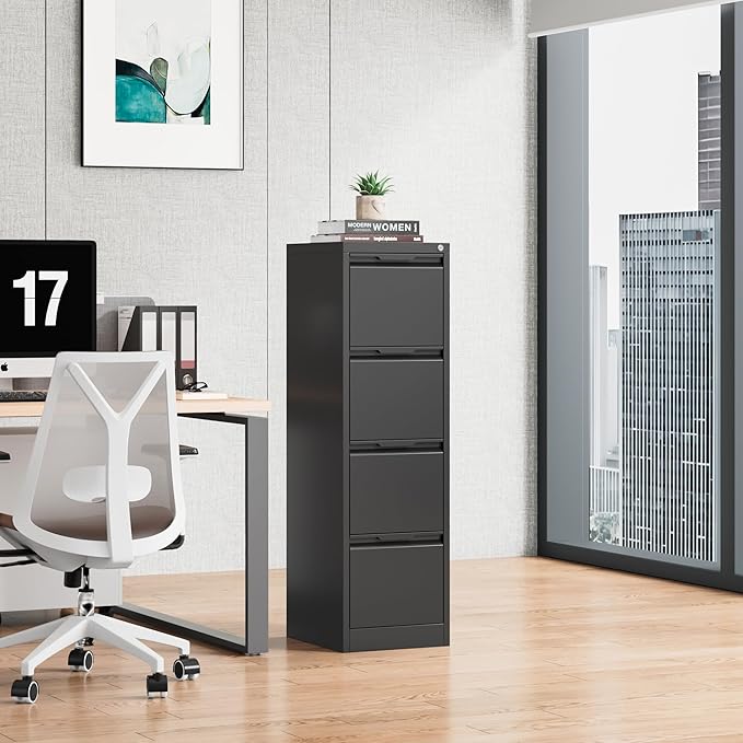 4 Drawer File Cabinet, 17.8" D Metal Filing Cabinets with Lock, Vertical Filing Cabinet for Home Office, Steel File for Letter/Legal/A4/F4 Size, Easy Assemble (Black)
