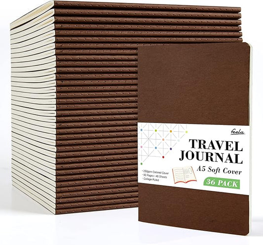 36 Pack Soft Cover Journal Bulk, Feela Lined Blank Travel Journal for Women Men Writing, Notebooks College Ruled for Work, Note Taking Notebook School Business Supplies, 8.2” x 5.5”, A5, Brown
