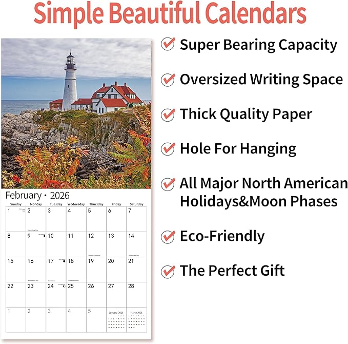 2025 Wall Calendar,Calendar 2026, July 2025 - December 2026, Wall Calendar Lighthouses, 12" x 24" Opened,Full Page Months Thick & Sturdy Paper for Calendar Organizing & Planning