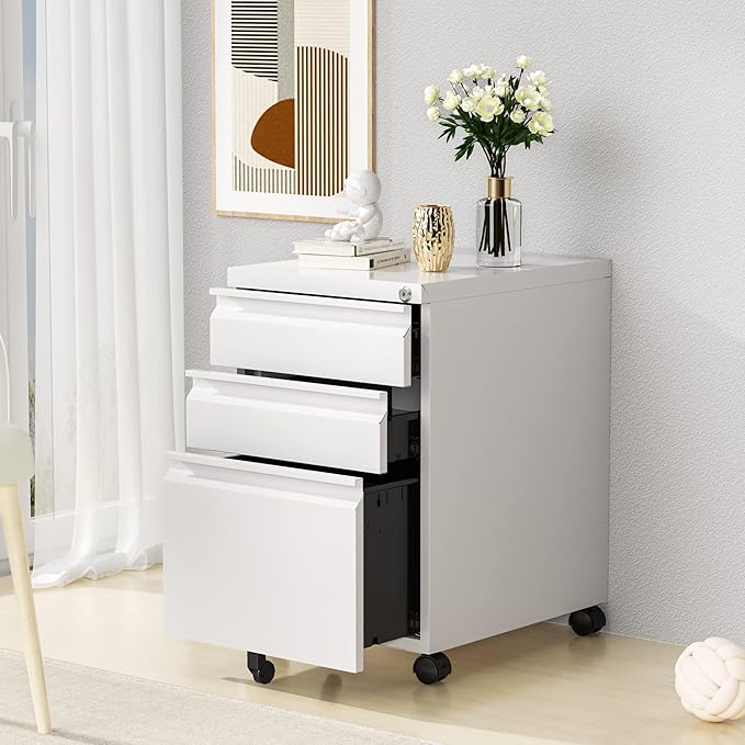 3 Drawer Mobile File Cabinet with Lock,Under Desk Storage Cabinet for Home Office,Vertical Filing Cabinet Fits A4 or Letter Size(Unassembled,White)