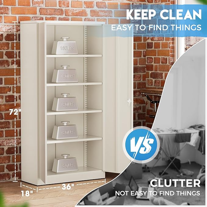 Greenvelly Garage Storage Cabinet,72" Metal Cabinet with 2 Doors and 4 Shelves,Steel File Cabinet for Home Office, Garage, Classroom（Grey 36" X 18"）