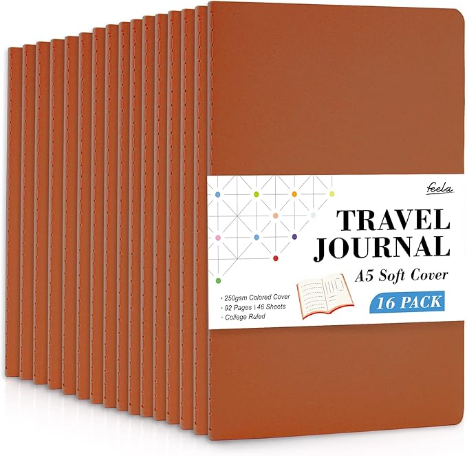 16 Pack Soft Cover Journal Bulk, Feela Lined Notebooks College Ruled for Work for Women Girl Writing, Blank Travel Journal Note Taking Notebook School Business Supplies, 8.2” x 5.5”, A5, Dark Orange